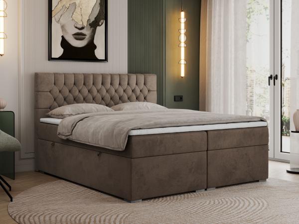 Boxspringbett mit 2 Bettkästen, Matratze und Topper - PERA - 140x200cm - Braun Velours - H3