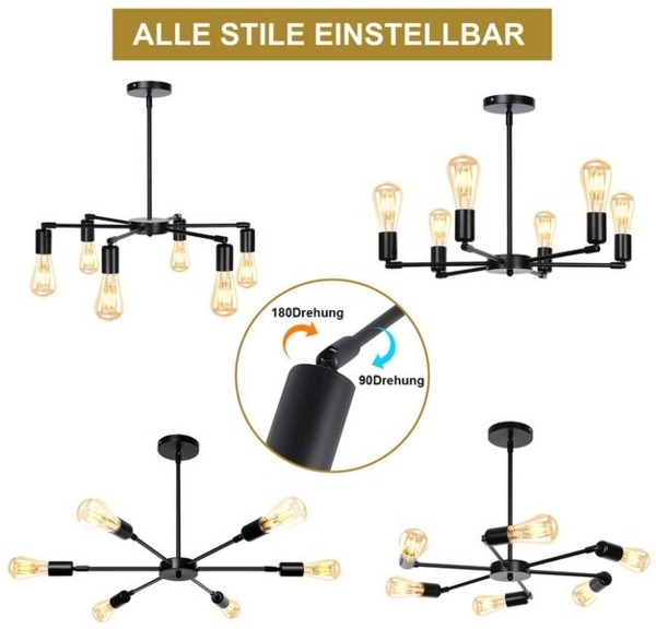 LMaxhome Deckenleuchte LED Deckenleuchten 6 Flammig E27 Modern Kronleuchter für Schlafzimmer, Schwarz 6-Licht(ohne Glühbirnen), ohne Leuchtmittel, mit 180° drehbarer Lampenschale, Pendelleuchte Deckenlampe Wohnzimmer Bild 4