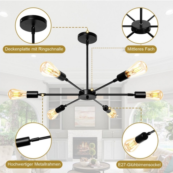 LMaxhome Deckenleuchte LED Deckenleuchten 6 Flammig E27 Modern Kronleuchter für Schlafzimmer, Schwarz 6-Licht(ohne Glühbirnen), ohne Leuchtmittel, mit 180° drehbarer Lampenschale, Pendelleuchte Deckenlampe Wohnzimmer Bild 2