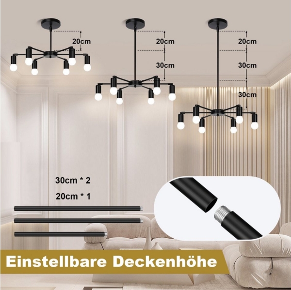 LMaxhome Deckenleuchte LED Deckenleuchten 6 Flammig E27 Modern Kronleuchter für Schlafzimmer, Schwarz 6-Licht(ohne Glühbirnen), ohne Leuchtmittel, mit 180° drehbarer Lampenschale, Pendelleuchte Deckenlampe Wohnzimmer Bild 3