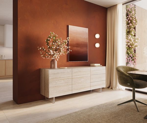 Sideboard Cuor 180 cm Keramik Laminam® Travertino Bianco Creme-Weiß 2 Türen 3 Schubfächer Fuß Schwebeoptik Acrylglas