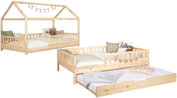 Ticaa Hausbett Duo mit Rausfallschutz und Zusatzbett aus Kiefer, Bodenbett 100x200, inkl. abnehmbarem Dach, mit Rollrost