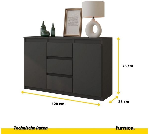 Furnica Kommode MIKEL, 3 Schubladen und 2 Türen - Anthrazit Grau H75cm B120cm T35cm (1 St)