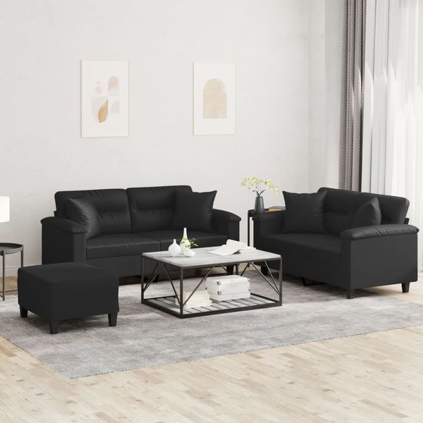 vidaXL 3-tlg. Sofagarnitur mit Kissen Schwarz Kunstleder 3202377