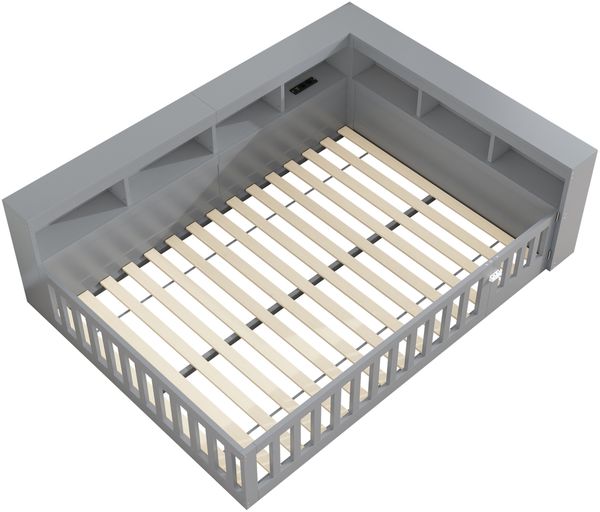 Merax Holzbett Kinderbett Daybett 140x200cm mit Stauraum, Aufladen und Geländer, grau Bild 9