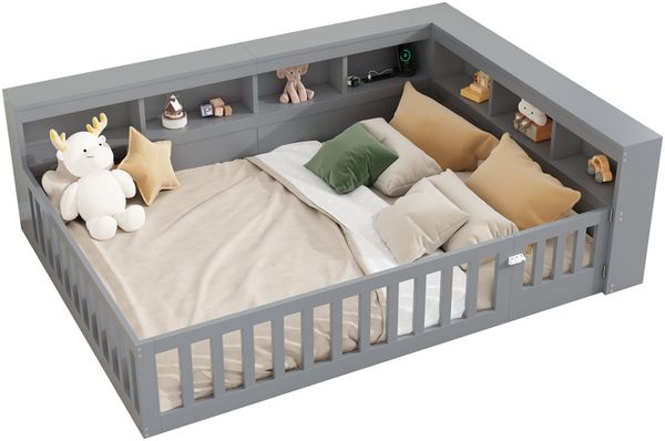 Merax Holzbett Kinderbett Daybett 140x200cm mit Stauraum, Aufladen und Geländer, grau Bild 10