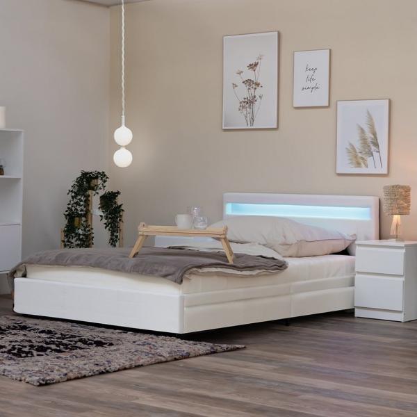 Home Deluxe Polsterbett 'Nube' mit LED-Beleuchtung und Schubladen 2x Lattenrost Weiß 180 x 200 cm