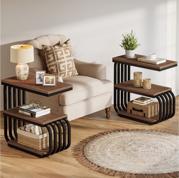 Tribesigns Beistelltisch 3 Etagen Schmaler Robuster Couchtisch mit Metallgestell und Holzplatte (Praktischer Nachttisch für Kleine Räume), Robuster Couchtisch mit Metallgestell & Rustikaler Holzplatte