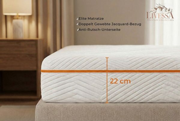 Kaltschaummatratze Matratze 7 Zonen Premium Schlafkomfort - Komfortschaum - Air-Memory, livessa, 22 cm hoch, (90x200 - 120x200 - 140x200 - 160x200 - 180x200), Elite Matratze, Doppelt Gewebte Jacquard-Bezug, Anti-Rutsch-Unterseite