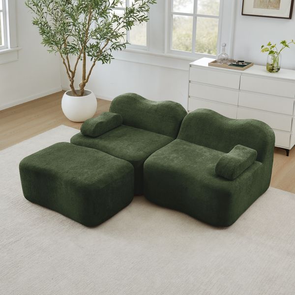 Modulares 2-Sitzer Sofa mit Ottoman, Samt, Wellenform, 192 x 167 x 70 cm, grün