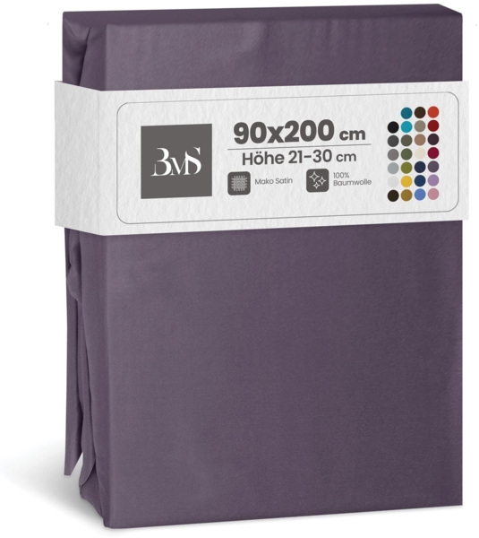 Bettwaesche-mit-Stil Mako-Satin Spannbettlaken lila (malve) 90x200cm Höhe 21-30cm