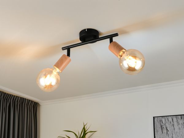 Deckenstrahler LAMEGO 2-flammig aus Metall in Schwarz & Holzoptik, Breite 35cm
