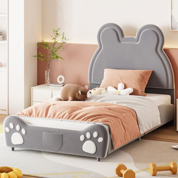 Kinder-Polsterbett in Bärenform 90x200 cm – graues Einzelbett mit Samtbezug