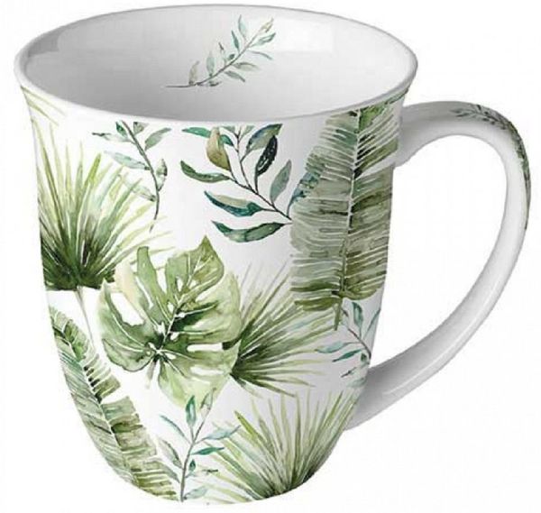 Ambiente Luxury Paper Products Becher Blumen, Pflanzen, Pfingstrosen, Rosen, Mug Tee/Kaffee Tasse, Porzellan Becher 0,4 L Dschungelblätter weiß, Sommmer/Frühling Motive - Ideal Als Geschenk
