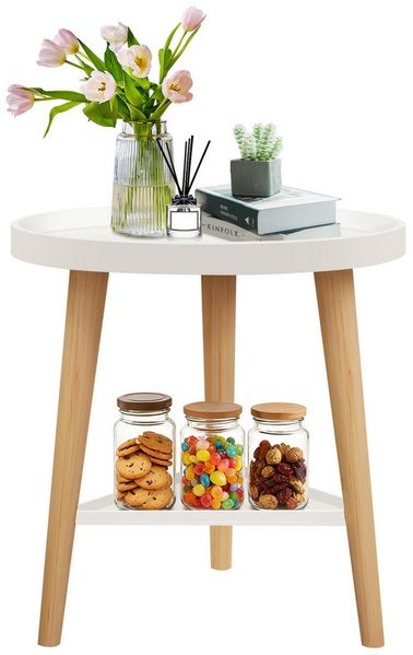 BlingBin Beistelltisch klein Rund Couchtisch Sofatisch Nachttisch mit 2 Ablagen 3 Holzbeine (1er Set, 1-St, 40 x 44 cm), Skandinavische Stil Kaffeetisch, für Wohnzimmer Schlafzimmer Balkon