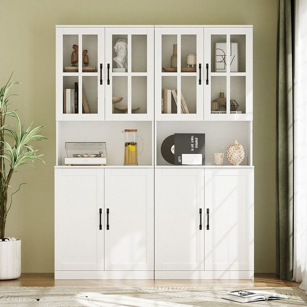 VOWNER Bücherregal mit Glastüren, offenem Fach & Arbeitsplatte – 5 Ebenen Hochschrank, 2-tlg, Vitrinenschrank Buffetschrank Standregal für Wohnzimmer & Büro
