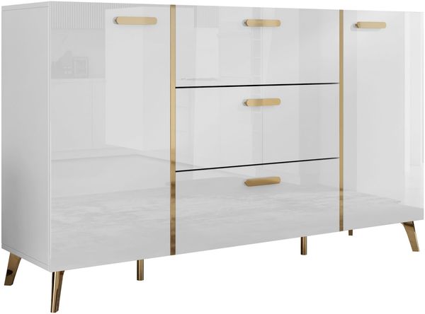 Kommode Picru 150 2D3SZ (Farbe: Weiß / Weiß Hochglanz + Gold)
