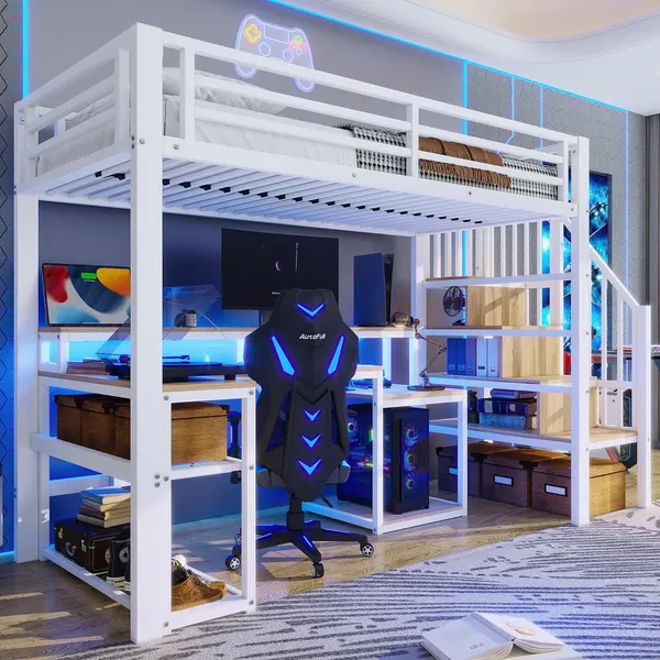 Hochbett mit RGB LED-Streifen, Schreibtisch, Regal, Lattenrost, Treppe, Rausfallschutz, Steckdosen und USB, 90x200cm, Metallbett, Kinderbett