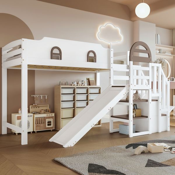 Etagenbett Kinderbett 90x200 mit Rutsche, Treppe und Fensterdesign, Hochbett mit Stauraum, Kiefer Holzgestell, weiß