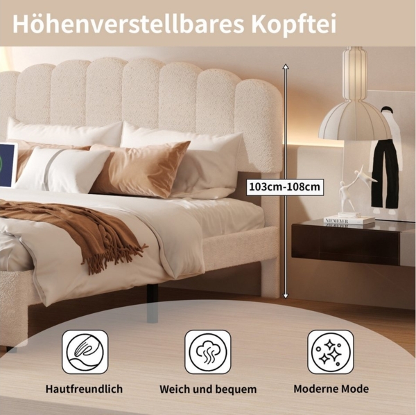 PXloue Polsterbett Doppelbett Stauraumbett (höhenverstellbarem Kopfteil), mit USB/Type-C Anschlüssen und Schublade, 160x200cm, Teddysamt Bild 3