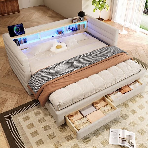 OKWISH Daybett Tagesbett,Sofabett,mit 2 Schubladen, Schlafsofa (mit LED-Beleuchtung & USB-C-Anschlüssen, Ausziehbares Polsterbett aus Samt mit Staufächern), ohne Matratze