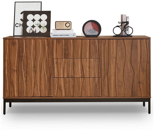 Merax Sideboard Skandi mit 2 Türen und 3 Schubladen (Landhausstil, Aktenschrank Küchenschrank, für Wohnzimmer & Flur), Kommode Anrichte Schrank mit Metallfüße, Breit:150cm