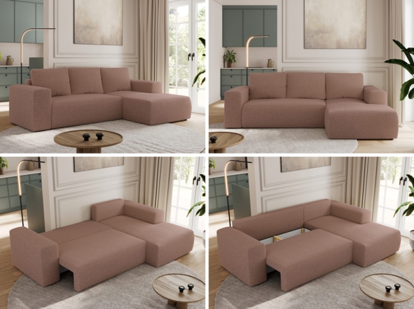Ecksofa mit Schlaffunktion, Bettkasten und losen Kissen für das Wohnzimmer - TRENTINO - Rosa Boucle - rechts Bild 2