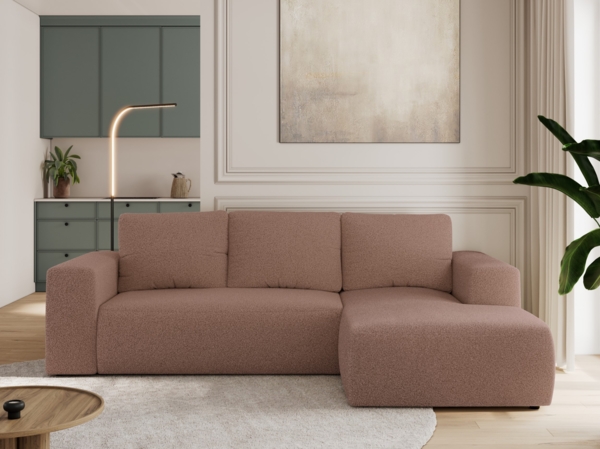 Ecksofa mit Schlaffunktion, Bettkasten und losen Kissen für das Wohnzimmer - TRENTINO - Rosa Boucle - rechts Bild 3