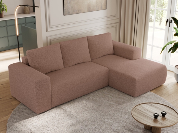 Ecksofa mit Schlaffunktion, Bettkasten und losen Kissen für das Wohnzimmer - TRENTINO - Rosa Boucle - rechts Bild 4