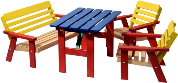dobar® 94370FSC Kinder Outdoor Sitzgruppe 4 Plätze | 1 Bank, 2 Stühle, 1 Tisch | Picknickgarnitur für Kinder | Kindersitzgruppe Massivholz für Garten/Terrasse | Wetterfest Kindersitzgarnitur | Bunt