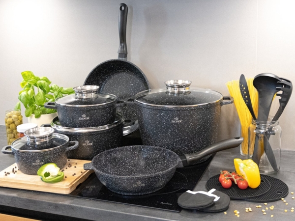 Zilner Topf-Set Schöne graue Töpfe in verschiedenen Größen Pfannen Steinbeschichtung, Aluminiumguss, Aluminium, Keramik, Edelstahl (1.3L / 2.3L / 2.4L / 3.4L / 4.5L / 10.2L, 17-tlg, Es ist eine perfekte Geschenkidee für jeden Anlass. Bestseller-Topfset... Bild 2