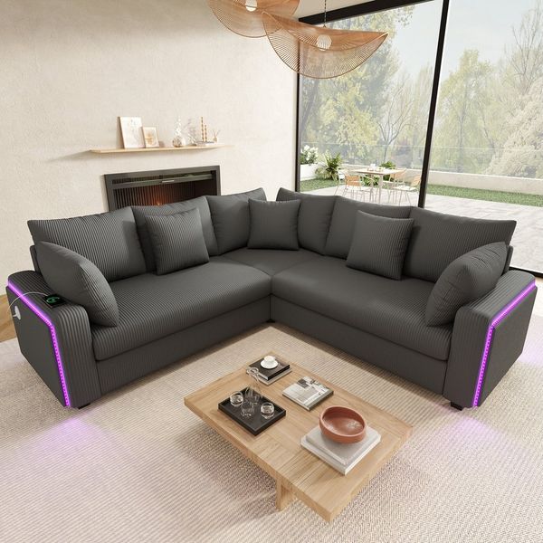 Odikalo Ecksofa Eckcouch mit Schlaffunktion LED & USB, mit LED‑Ambiente­beleuchtung, USB‑Ladeanschluss und weichem Cordstoff, inklusive passenden Kissen – modernes Sofa für Wohnzimmer, Schlafzimmer und Wohnungen