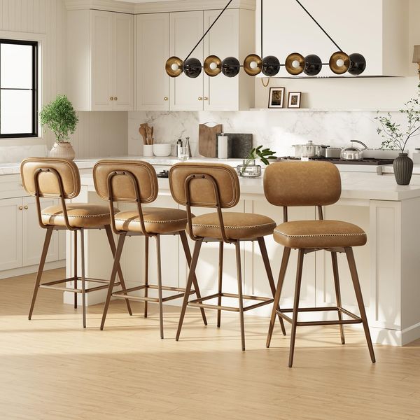 MALOL 360° Drehbarer Barhocker, Leder Bar Hocker 4er Set mit Rückenlehne, StilErgonomischer Barhocker mit Fußstütze, Moderner Küchenhocker mit Metallbeine für Theke, Bar, Esszimmer, Braun
