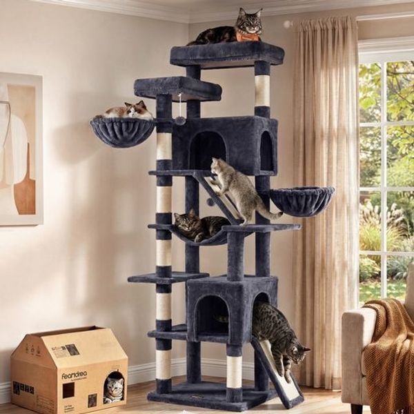 FEANDREA Kratzbaum XXL für Große Katzen mit 7 Ruhezonen und Sisal 55 x 45 x 205 cm Dunkelgrau