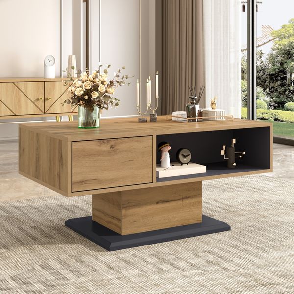 Moderner Couchtisch 100x50x46,5 cm, Eiche/Grau mit doppelseitigem Stauraum & Innenfach
