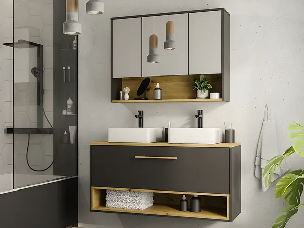 Vente-unique - YANGRA Bathroom furniture set Holz, PlatteKeramik Grau - B 46 cm x H 57 cm x L 120 cm