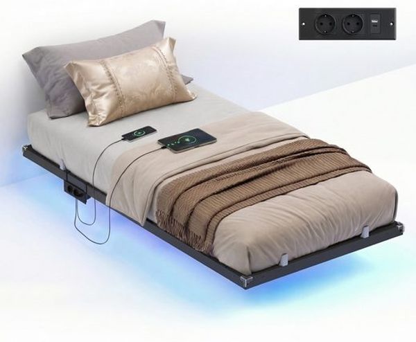 VASAGLE Bettgestell 90 x 200 cm mit LED-Beleuchtung, USB-C-Anschluss, Steckdosenleiste, Schlafzimmer, trägt bis 250 kg, schwarz