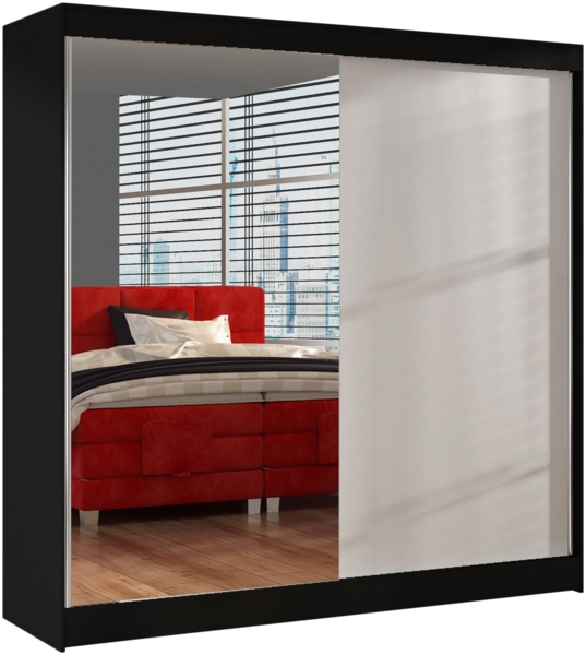 Schwebetürenschrank Basti I 200 cm mit Spiegel - Kleiderschrank, Schiebetürenschrank mit Kleiderstange und Einlegeboden, Schlafzimmerschrank, Schiebetüren, 200x215x58 cm (Schwarz/Weiß)