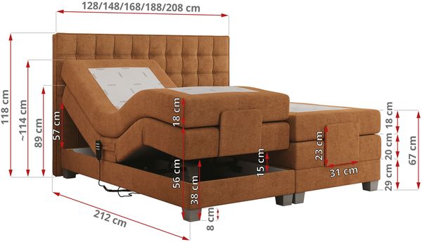 Boxspringbett elektrisch verstellbar, Schlafzimmerbett, Bettkasten - ELEKTRO - 180 x 200 cm - Orange Stoff - H3 Bild 6