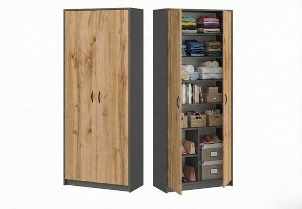Home Collective Mehrzweckschrank Kleiderschrank Regal 74cm breit 180cm hoch Aktenschrank mit sechs Einlegeböden und Extra-Fach, in Anthrazit mit Eichefarben