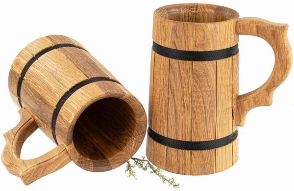 Holz Frank Bierkrug Schlanker Bierkrug aus geölter Eiche mit ca. 0,5L Innen Lackversiegelt, Eiche und Edelstahl