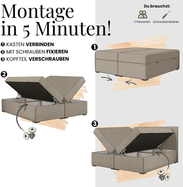 Boxspringbett ALVER 200x200 mit zwei Bettkasten & Stauraum, inkl. Matratze H4, Topper Visco, Federautomaten & gepolstertes Kopfteil - Braun Velvet Bild 10