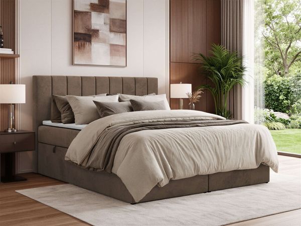 Boxspringbett ALVER 200x200 mit zwei Bettkasten & Stauraum, inkl. Matratze H4, Topper Visco, Federautomaten & gepolstertes Kopfteil - Braun Velvet
