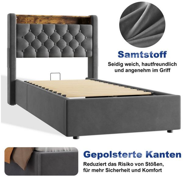 STILVORA Polsterbett 90×200 mit Matratze & bettkasten,Funktionbett Jugenbett mit Steckdose (Hochdichter Lattenrost, Metall-Querstrebe,Gepolstertes Kopfteil, Modernes Design Jugendbett mit Klappbares Kopfteil, Zugband-Hebesystem), Stauraumbett mit Steck... Bild 3
