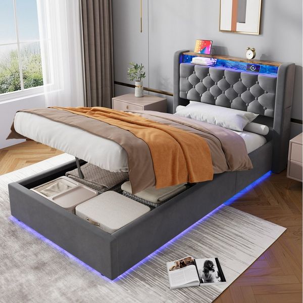 STILVORA Polsterbett 90×200 mit Matratze & bettkasten,Funktionbett Jugenbett mit Steckdose (Hochdichter Lattenrost, Metall-Querstrebe,Gepolstertes Kopfteil, Modernes Design Jugendbett mit Klappbares Kopfteil, Zugband-Hebesystem), Stauraumbett mit Steck...
