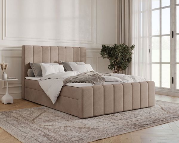 MOEBLO Boxbett BETT 01 BIS (Bonell, Topper, modernes Velours-Design mit Steppung & Stauraum, Doppelbett gepolstertes Kopfteil mit Bettkasten, aus Samt, Polsterbett Kontinentalbett, dekorativem Kopfteil, aus Samt), - (BxHxT):144/164/184 x 113 x 223 cm