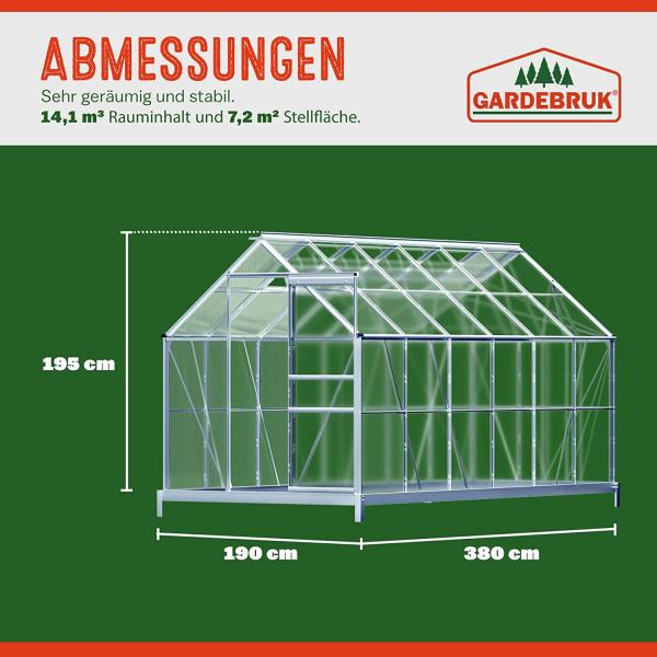 Gardebruk Gewächshaus mit Fundament, 380 x 190 x 195 cm 7,2 m²