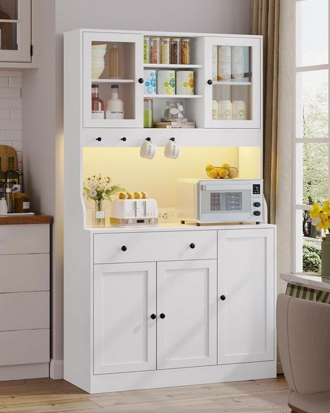 MSMASK Küchenbuffet Küchenschrank Sideboard mit LED, Arbeitsplatte,Schubladen Verstellbaren Ablagen, Großer Stauraum, Weiß, 180cm hoch