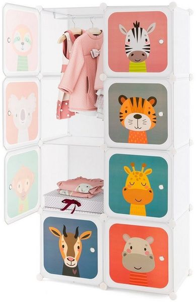 COSTWAY Kinderkleiderschrank mit Kleiderstange und 8 Würfeln, erweiterbar