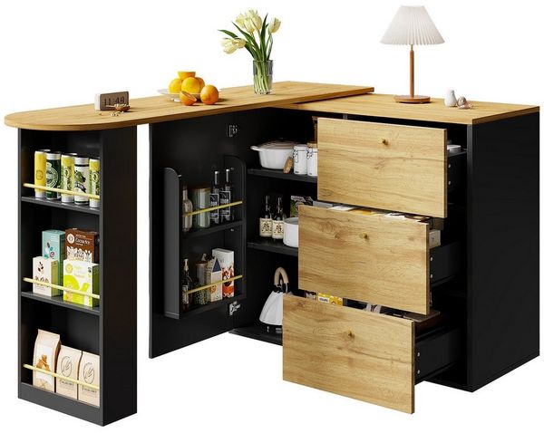 i@home Bartisch Ausziehbarer Bartisch mit Stauraum(138-204×39×104cm), 360° drehbare Essbar,Hochtisch Kücheninsel Bistro Table,schwarz&natur